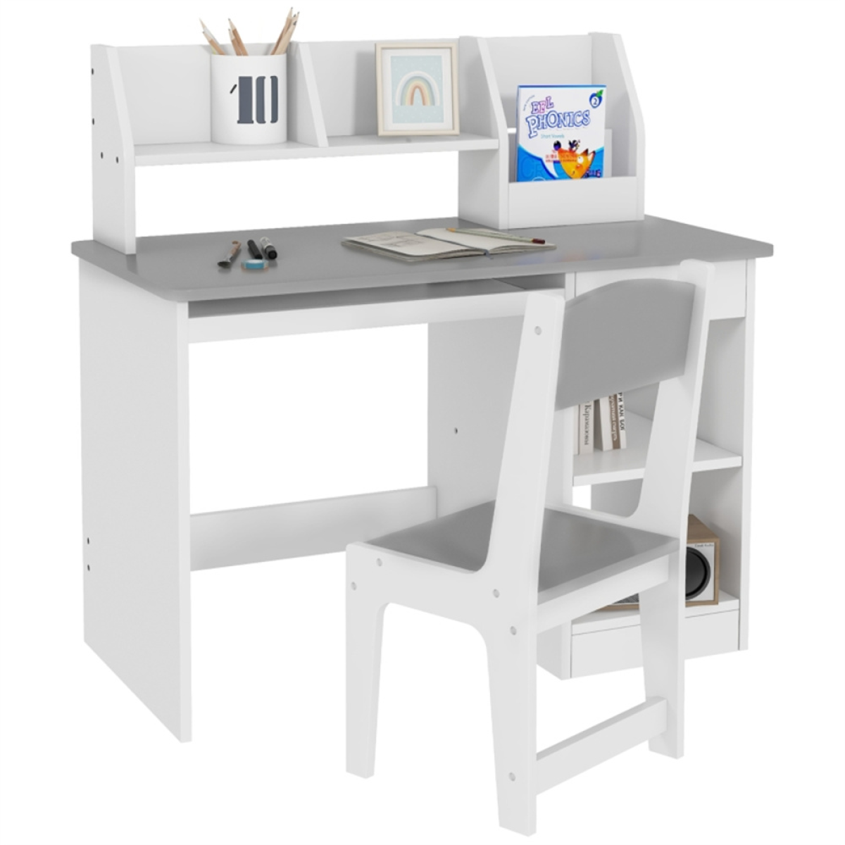 Kids Desk and Chair Set with Storage Shelves & Drawers – Children's Study Table for Ages 5–8, Grey
