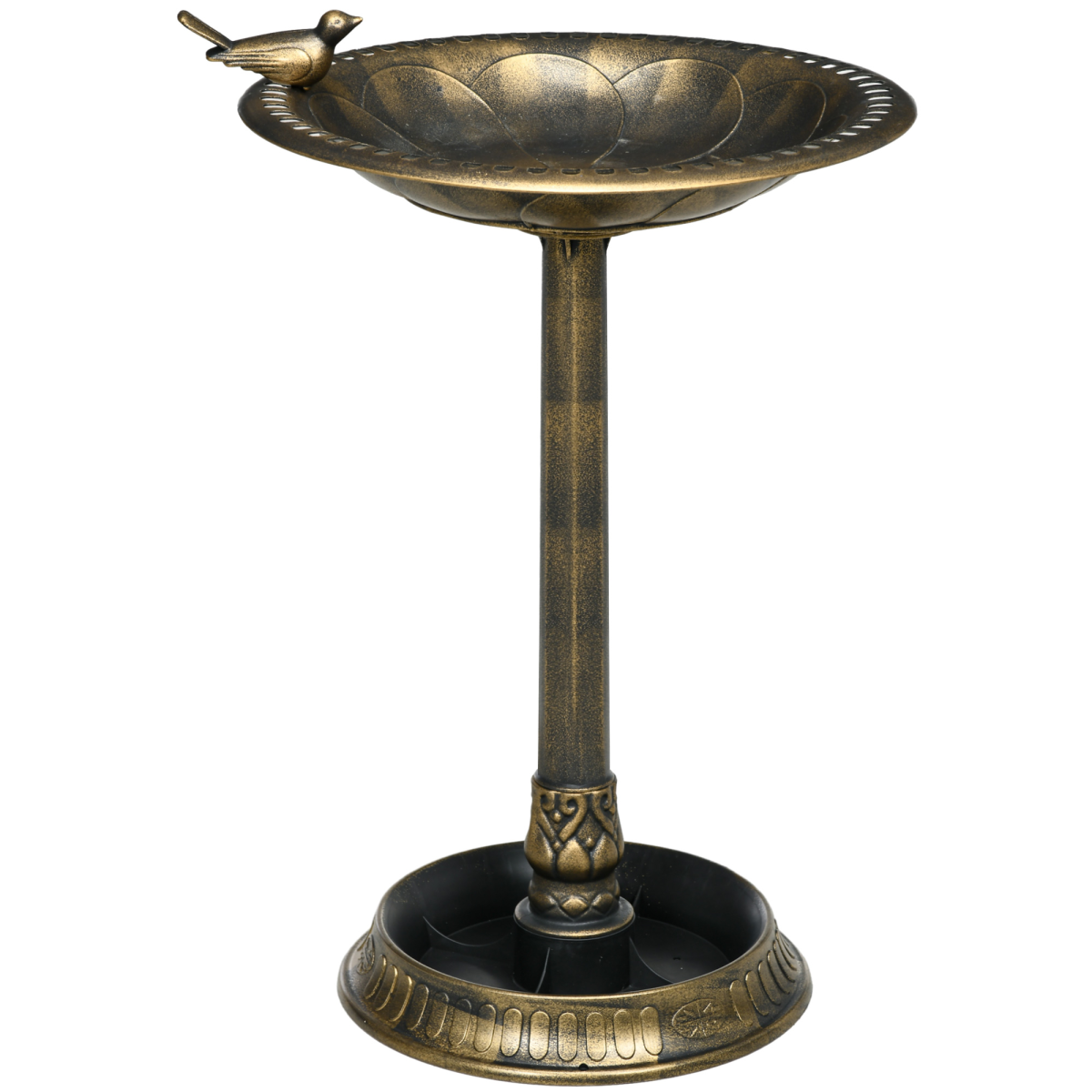 Outsunny 72cm Bronze Bird Bath & Feeder with Bird Statue and Two Basins – Garden Water Feature with Stakes