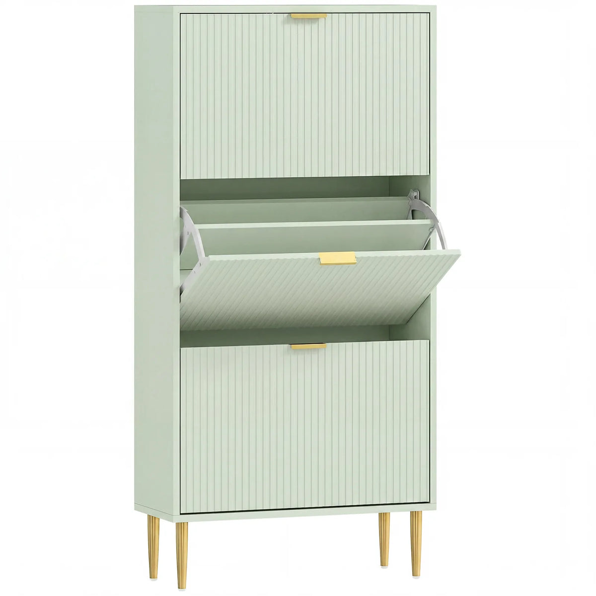 HOMCOM Slim 3-Drawer Shoe Cabinet with Gold Accents, 122.5 x 60 x 24cm, Light Green