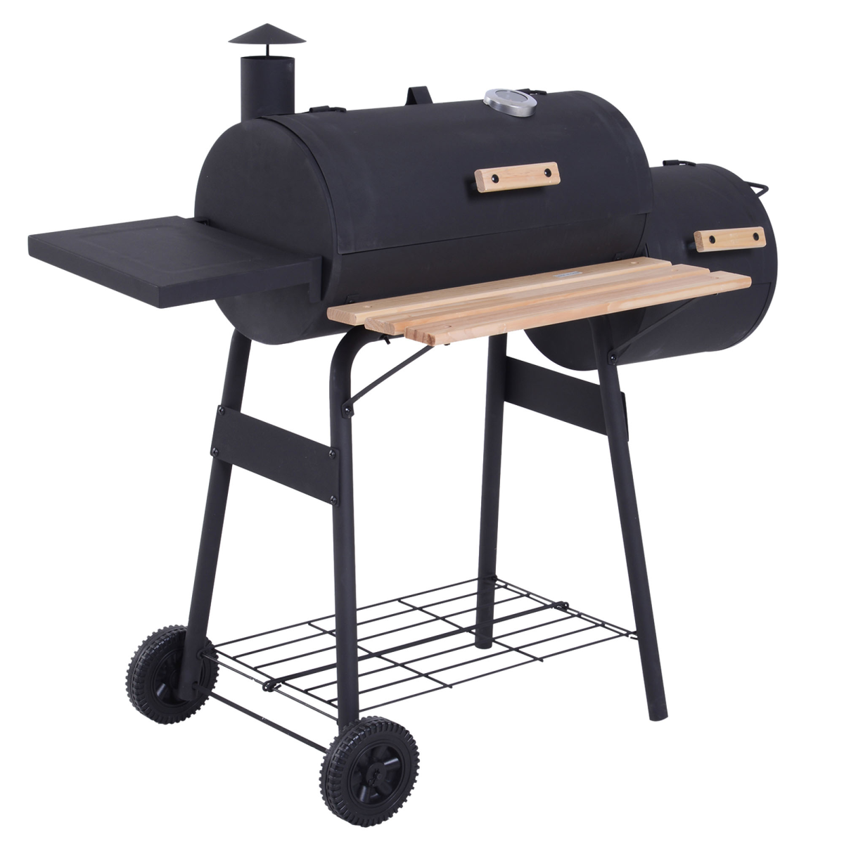 Outsunny Charcoal BBQ Grill with Offset Smoker, Lid Thermometer, Shelves & Wheels – Portable Steel Garden Barbecue