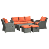 Outsunny 6-Piece Padded Rattan Garden Sofa Set with 3-Seater Sofa, 2 Reclining Armchairs, 2 Footstools & Table – Orange