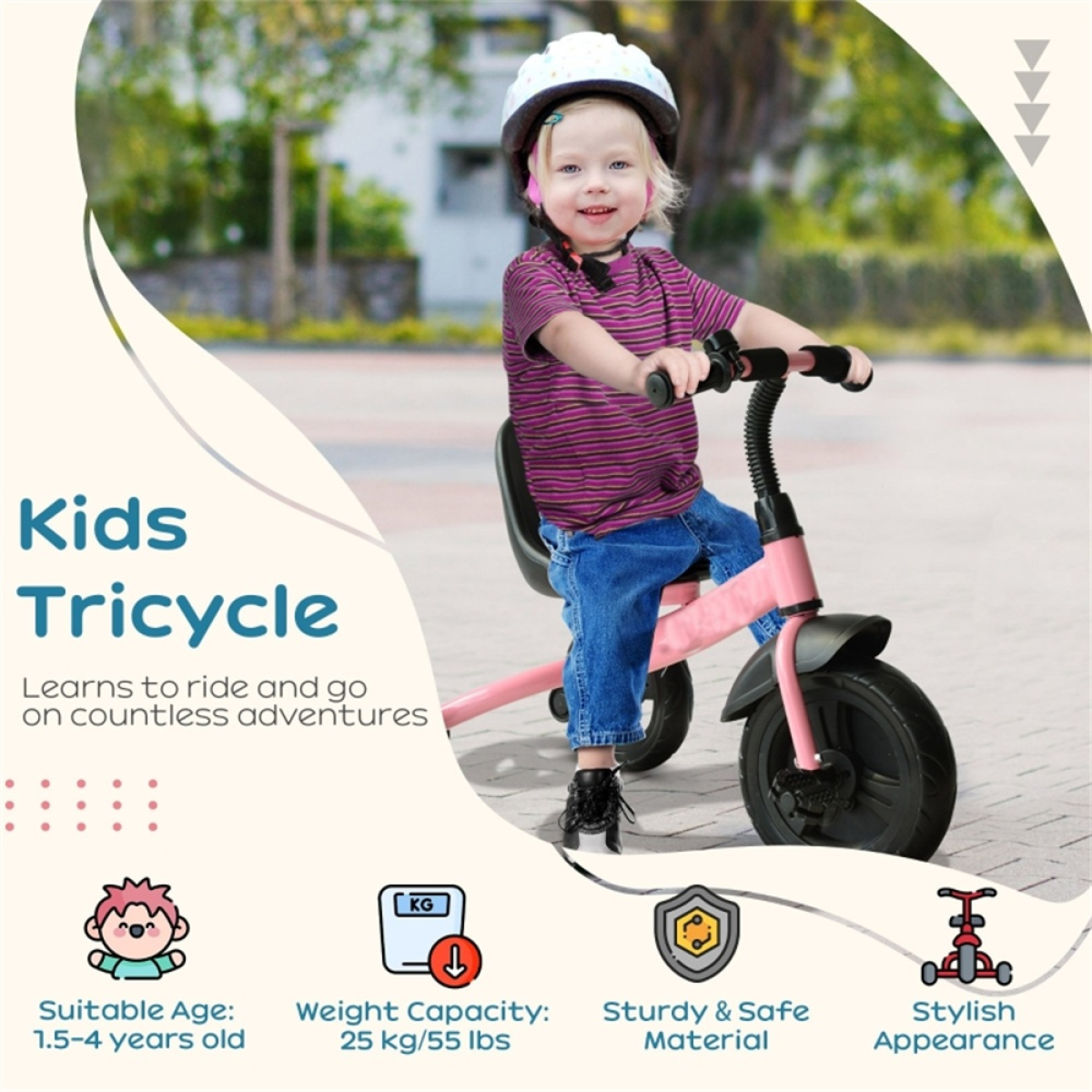Kids Tricycle with Adjustable 2-Position Seat, Removable Front Wheel & Bell – Toddler Trike for Ages 2–5, Pink