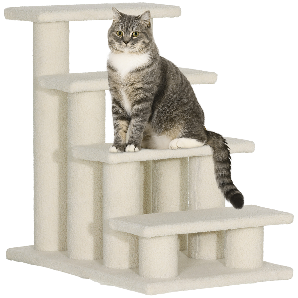 Pawhut Pet Ramp Stairs with 4 Steps and Faux Fur Cover – Cat and Dog Climbing Steps, Brown