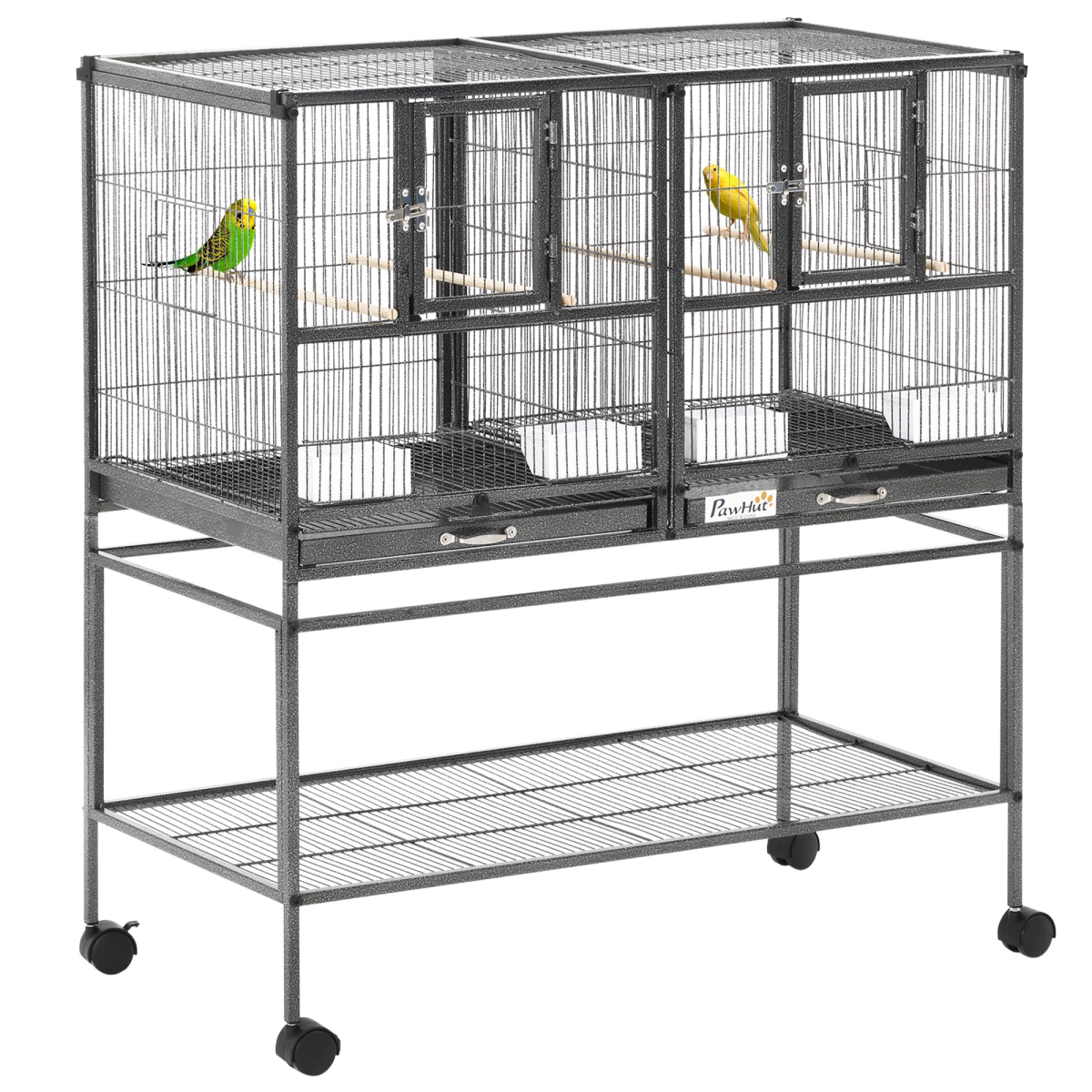 Large Rolling Bird Cage with Stand, 4 Perches and Food Bowls – Divisible Aviary for Finches and Canaries