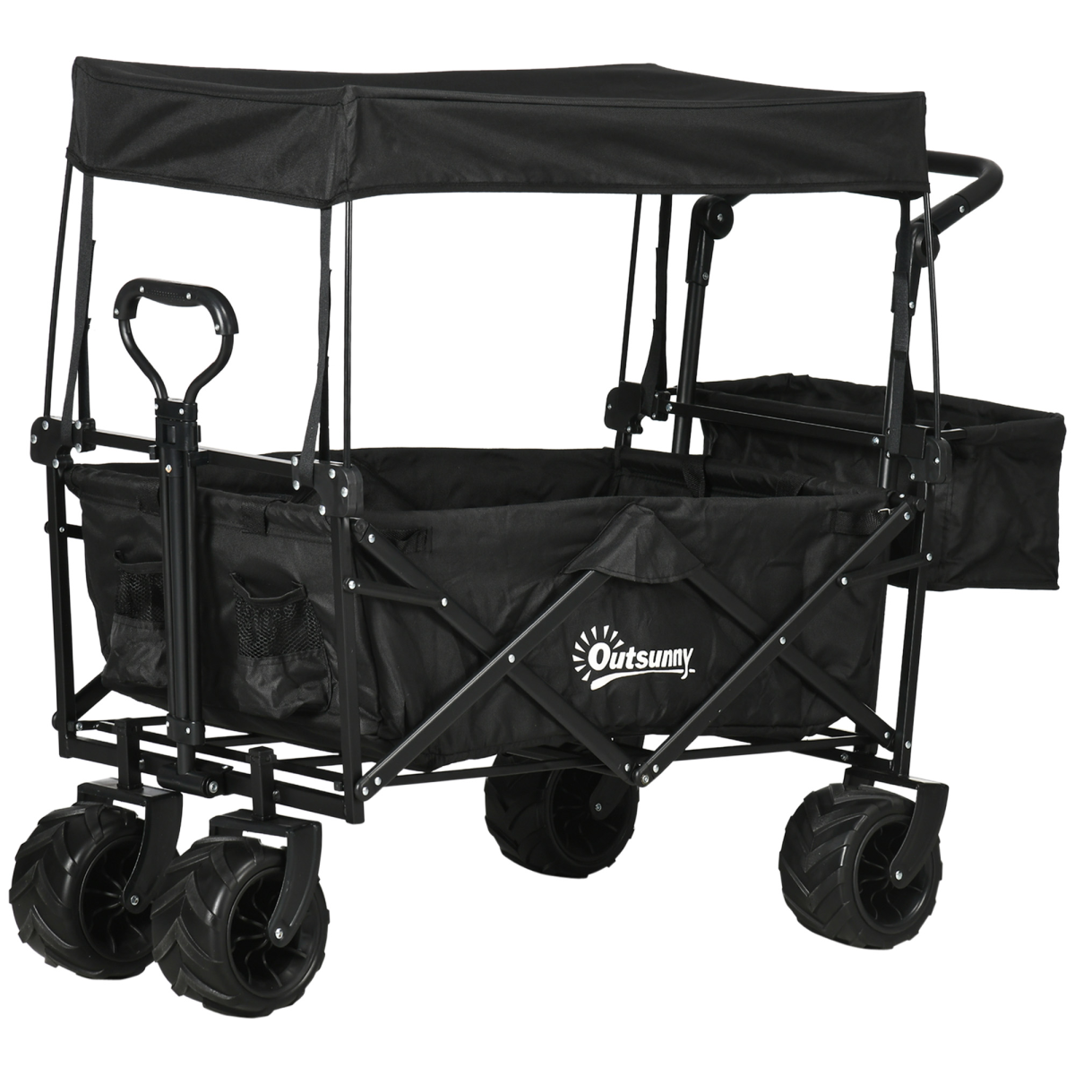 Outsunny Folding Trolley Cart with 4 Wheels, 2 Compartments and Canopy – Garden Storage Wagon, Black