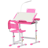 HOMCOM Kids Study Desk and Chair Set with Height Adjustment, Storage Drawer & USB Lamp – Pink