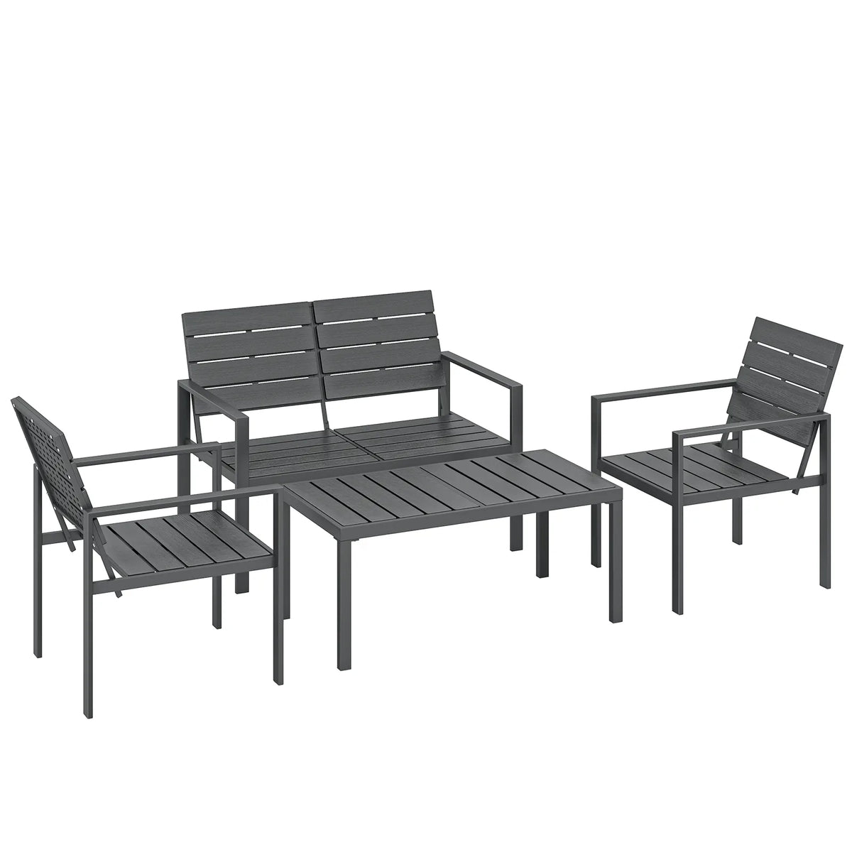 Outsunny 4 Piece HDPE Garden Furniture Set with Loveseat, 2 Armchairs and Coffee Table – Dark Grey