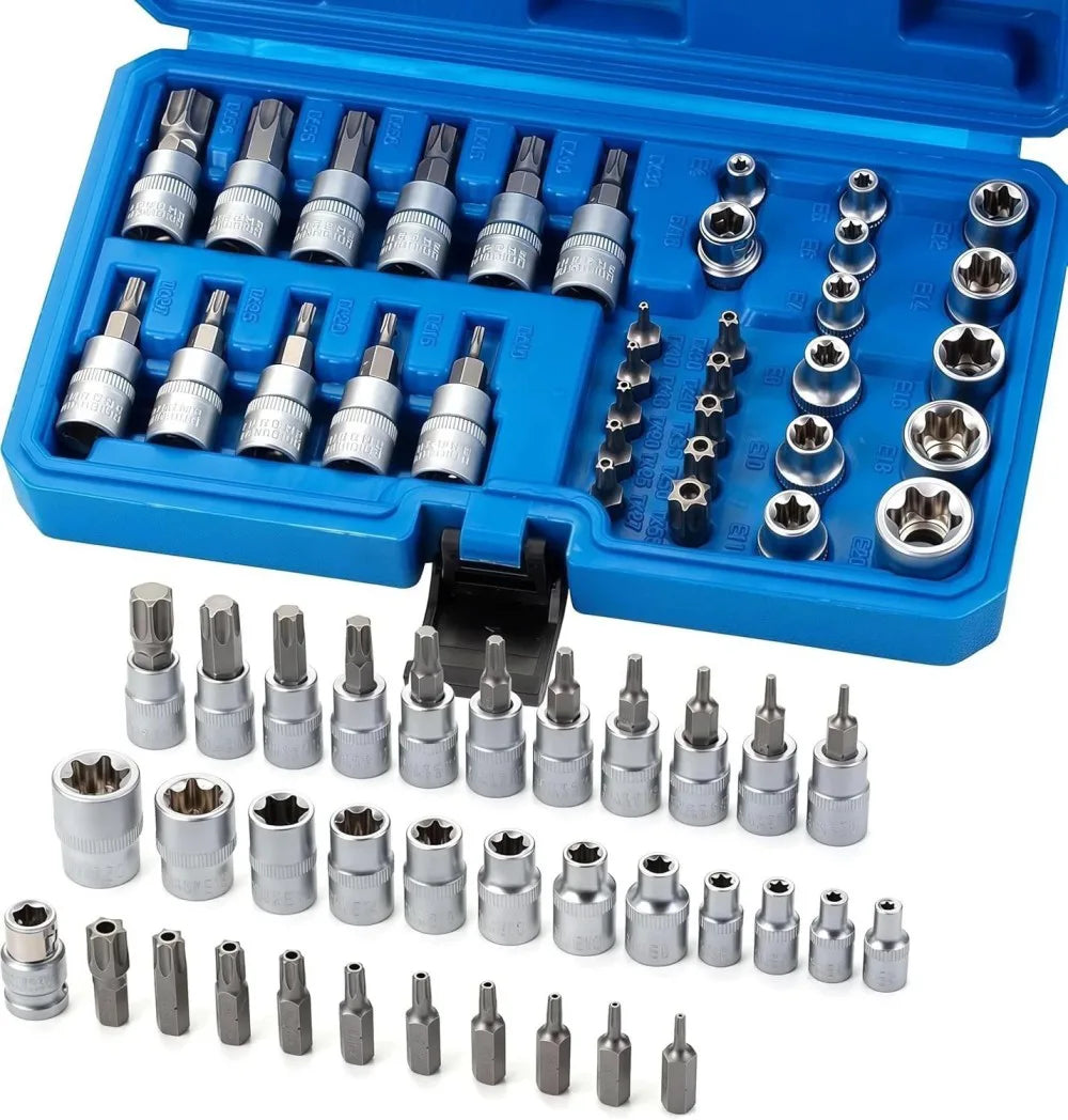 34-Piece Torx Star Socket & Bit Set with E-Torx and Tamper-Proof Bits – Storage Case Included
