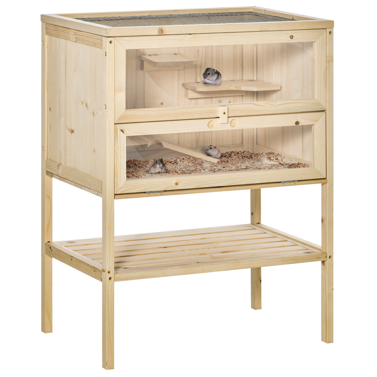 PawHut 3-Tier Wooden Hamster Cage with Ladders and Exercise Levels – Fir Wood Small Animal House