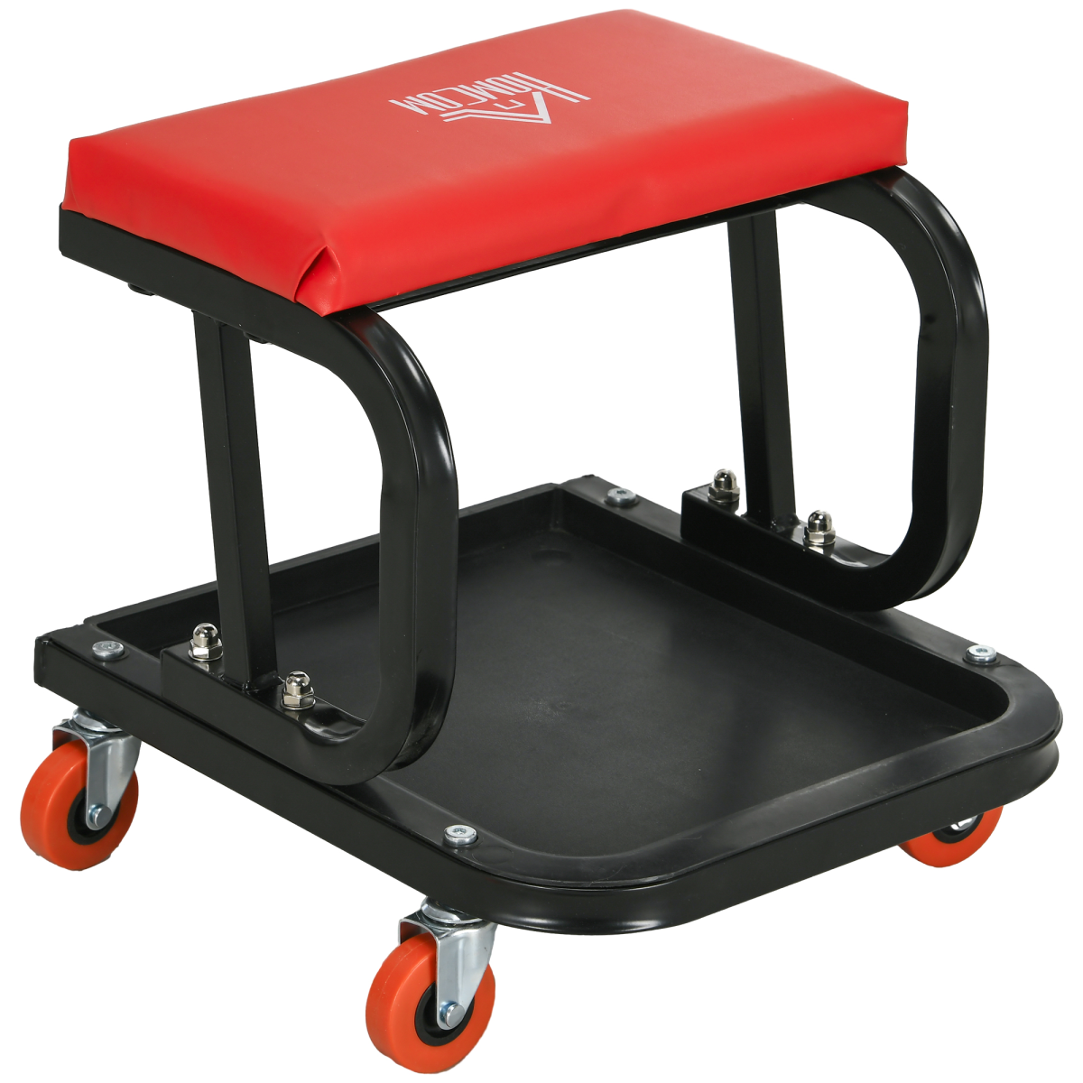 HOMCOM Rolling Workshop Stool with 360° Swivel Seat & Tool Tray – Padded Mechanic Stool for Garage, Red