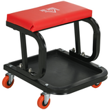 HOMCOM Rolling Workshop Stool with 360° Swivel Seat & Tool Tray – Padded Mechanic Stool for Garage, Red