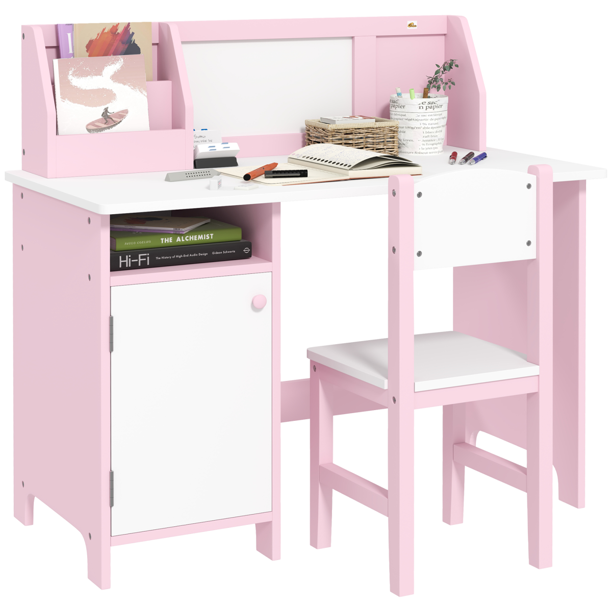 HOMCOM 2-Piece Kids Table and Chair Set with Whiteboard Desktop and Storage – Pink