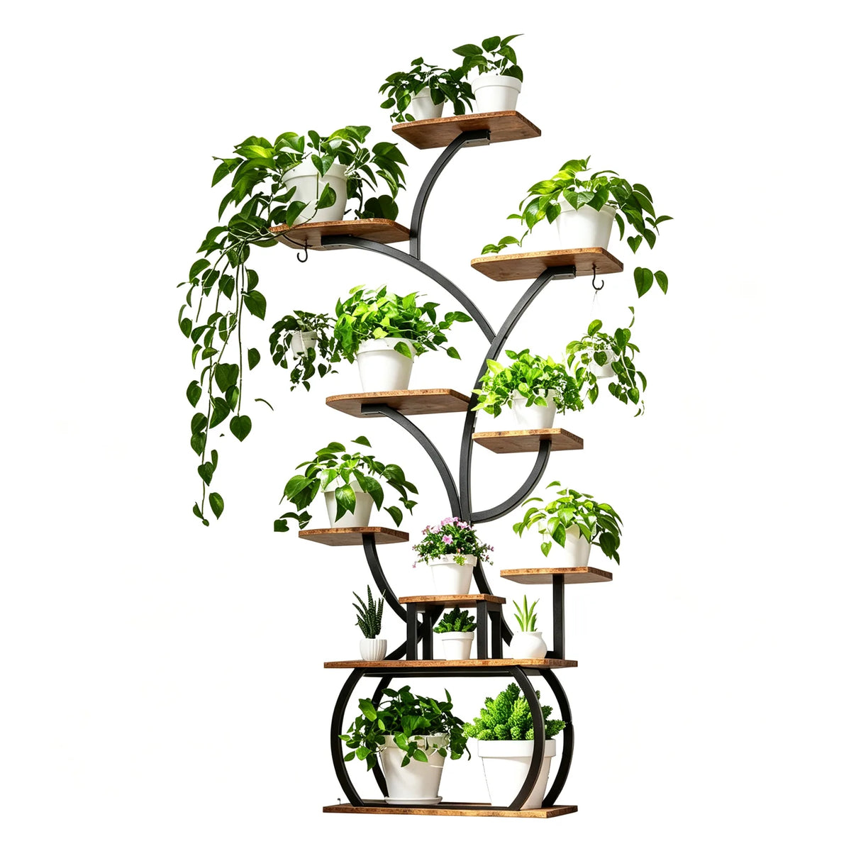 Tree-Shaped Plant Stand with 4 Grow Lights and Wheels – Black Iron & Weathered Wood Multi-Tier Rack