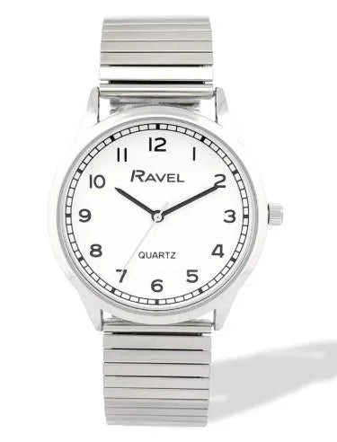 Ravel Men's Easy Read White Dial Watch with Minute Track and Silver Stainless Steel Expander Bracelet, 36mm