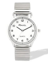 Ravel Men's Easy Read White Dial Watch with Minute Track and Silver Stainless Steel Expander Bracelet, 36mm