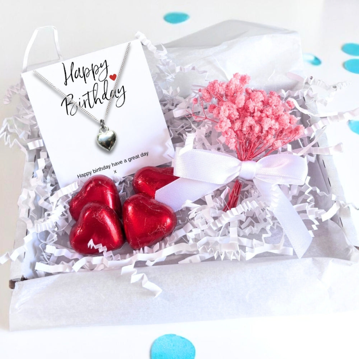 Aye Do Gifts Happy Birthday Mini Gift Hamper with Silver Heart Necklace & Chocolates – Letter Box Gift for Her