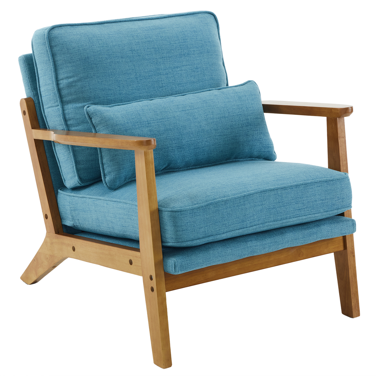Mid-Century Oak Accent Chair with Navy Blue Linen-Cotton Upholstery and Lumbar Pillow – Indoor Armchair