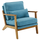 Mid-Century Oak Accent Chair with Navy Blue Linen-Cotton Upholstery and Lumbar Pillow – Indoor Armchair
