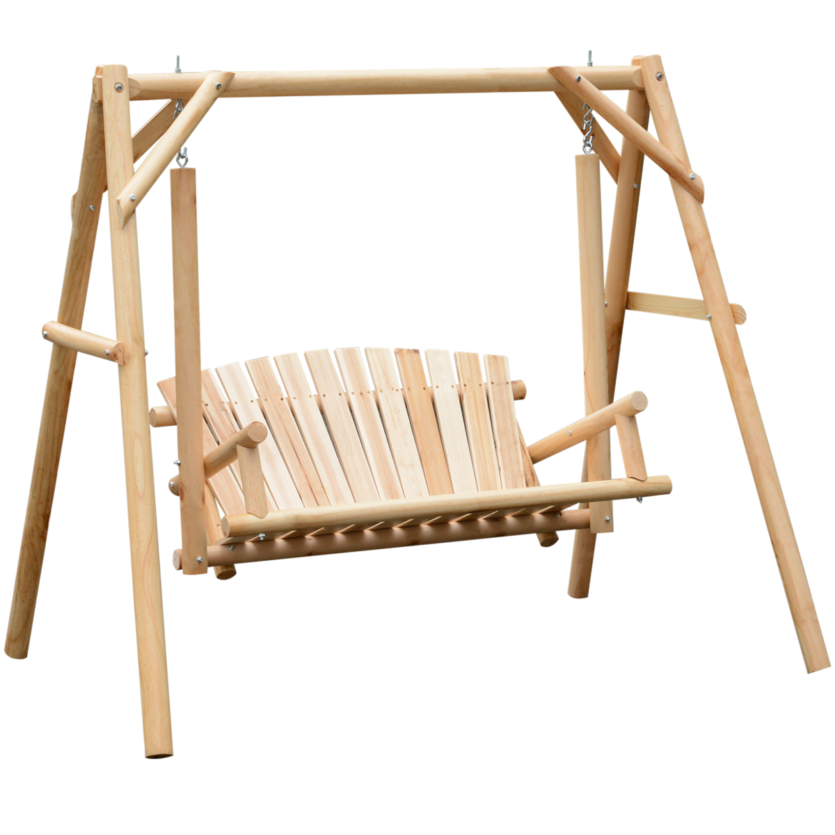 Outsunny 2-Seater Wooden Porch Swing Bench with Armrests & Curved Back – Rustic Garden Hanging Seat