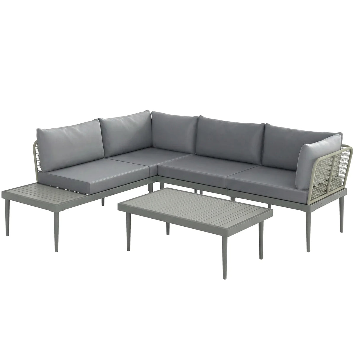 Outsunny Three-Piece L-Shaped Rattan Garden Sofa Set with Wood-Top Coffee Table and Thick Cushions – Grey