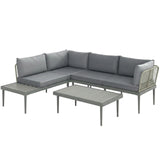 Outsunny Three-Piece L-Shaped Rattan Garden Sofa Set with Wood-Top Coffee Table and Thick Cushions – Grey