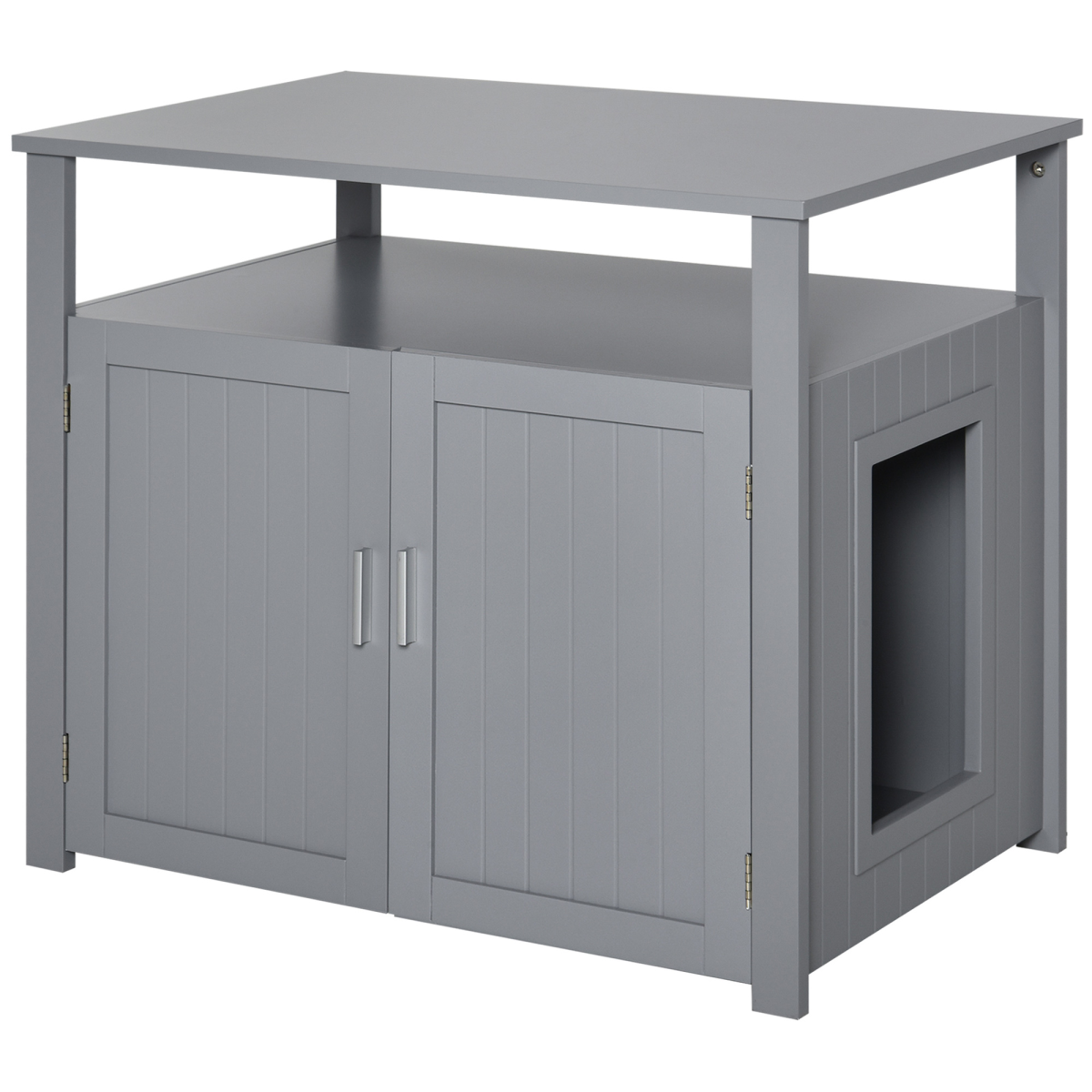 Pawhut Wooden Cat Litter Box Enclosure with Shelves and Magnetic Door – Cat House Furniture, Grey
