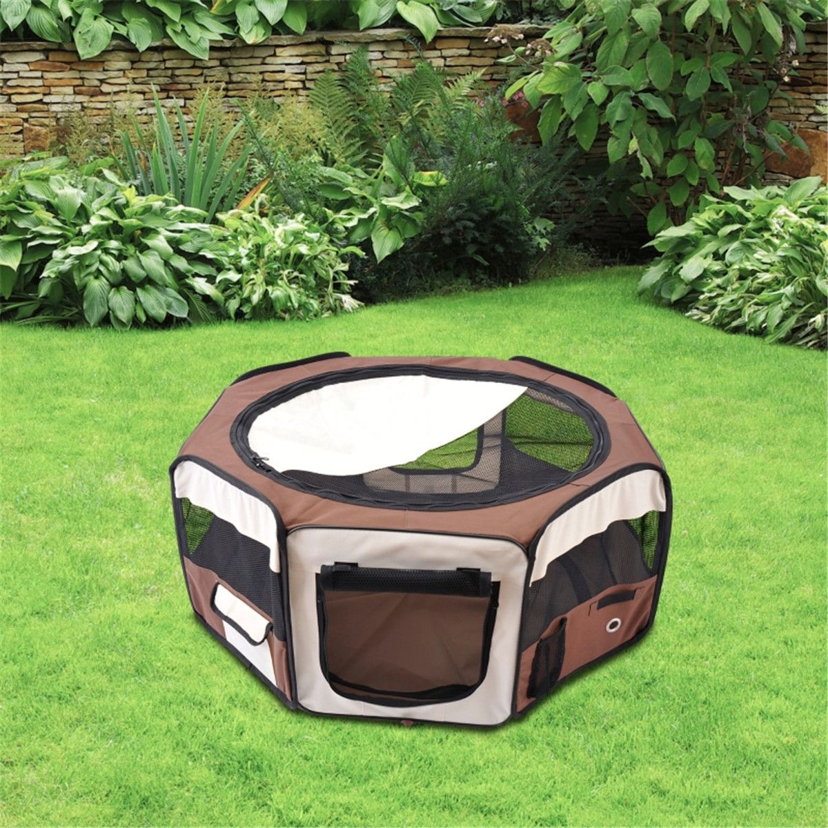 PawHut Foldable Pet Playpen with Waterproof Oxford Cover, Zipped Doors & Carry Bag – Small Pet Enclosure, Brown & Cream