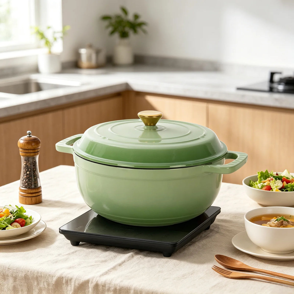 Enamelled Cast Iron Dutch Oven, 6QT (5.7L) with Lid & Two Silicone Gloves – Casserole Pot, Gradient Red
