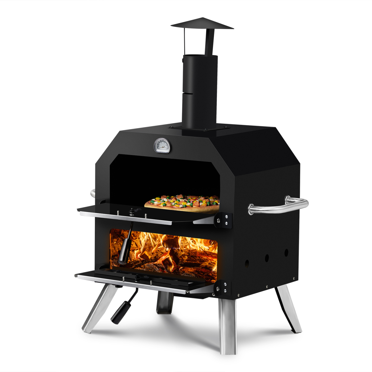 Wood Fired Outdoor Pizza Oven with 2 Layers, Pizza Stone & Cooking Rack – Portable BBQ Camping Oven