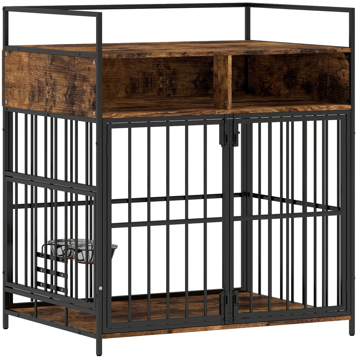 PawHut Dog Crate Furniture with Rotatable Feeding Station and Shelves – Indoor End Table Kennel, Brown