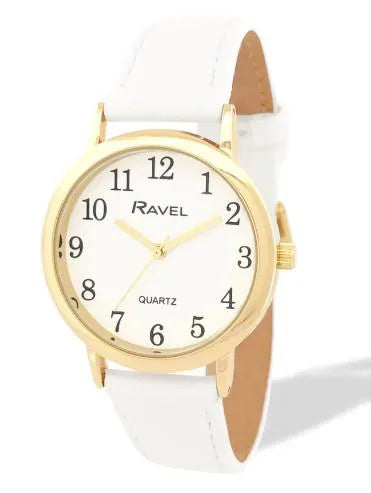 Ravel Ladies Classic Watch, Gold-Tone Case, White Dial, White Faux Leather Strap