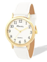 Ravel Ladies Classic Watch, Gold-Tone Case, White Dial, White Faux Leather Strap