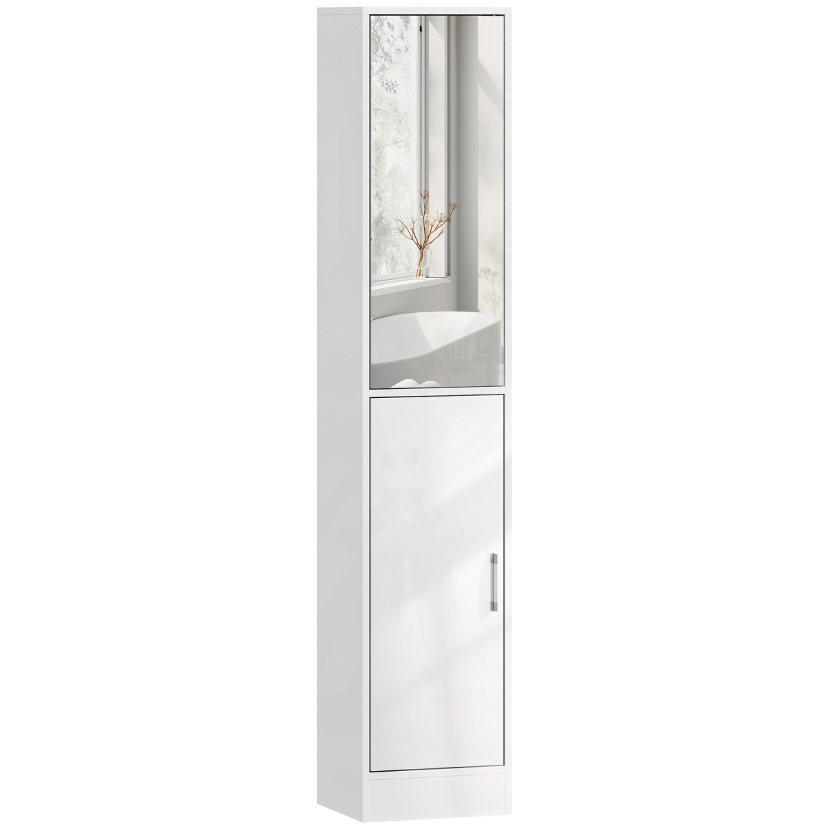 kleankin Tall Bathroom Cabinet with Mirror Door – Narrow Storage with Adjustable Shelves, High Gloss White