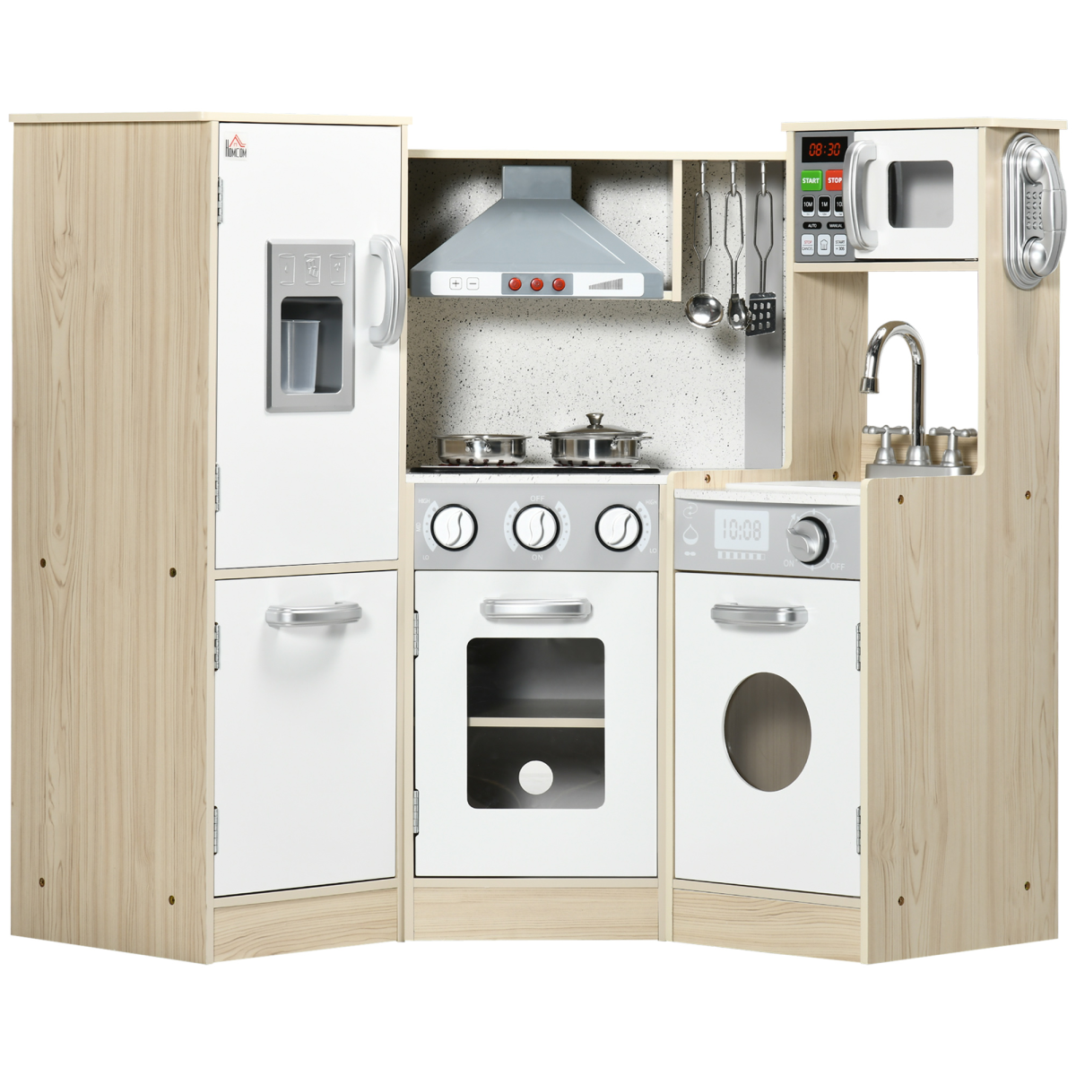 HOMCOM Corner Kids Kitchen with Sound & Light, Phone, Microwave, Oven & Range Hood – Wooden Role Play Set
