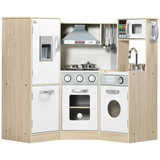 HOMCOM Corner Kids Kitchen with Sound & Light, Phone, Microwave, Oven & Range Hood – Wooden Role Play Set