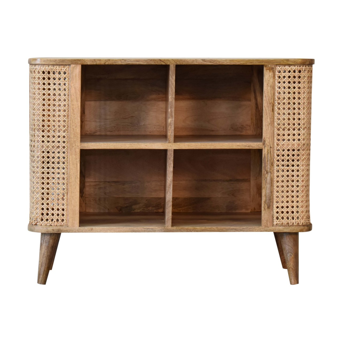 Artisan Furniture Solid Wood Larissa Open Double Cabinet with Rattan Design – 4 Shelves, Beige