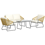 Outsunny 4-Piece PE Rattan Garden Furniture Set with Loveseat, Cushions & Glass Coffee Table, Natural