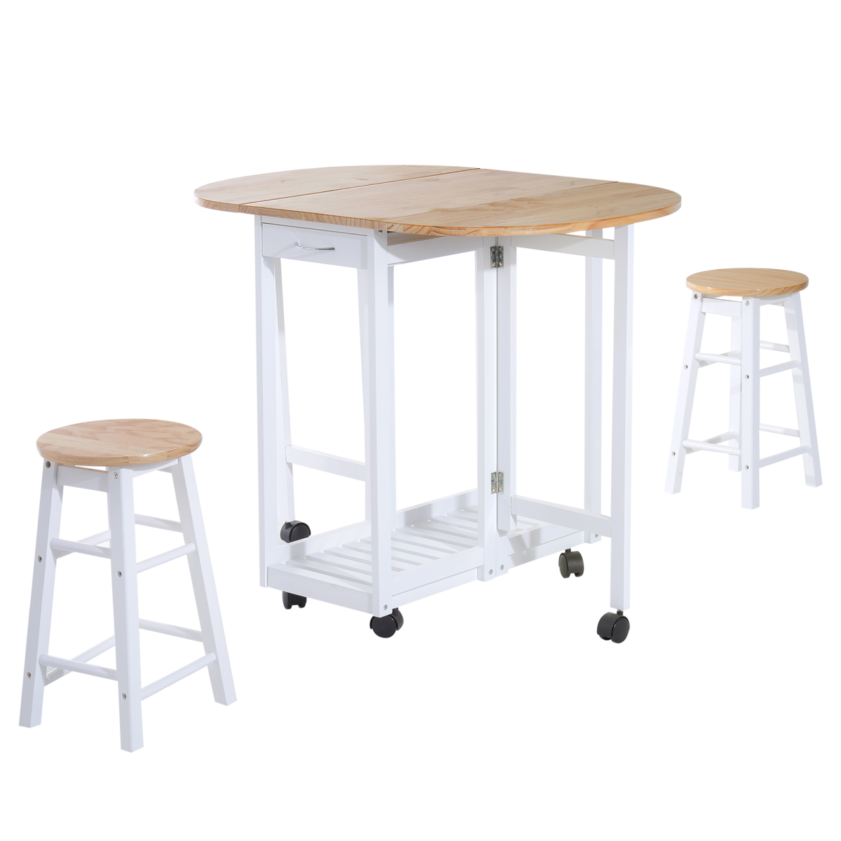 3-piece wooden kitchen cart with folding stools