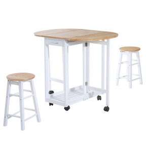 3-piece wooden kitchen cart with folding stools