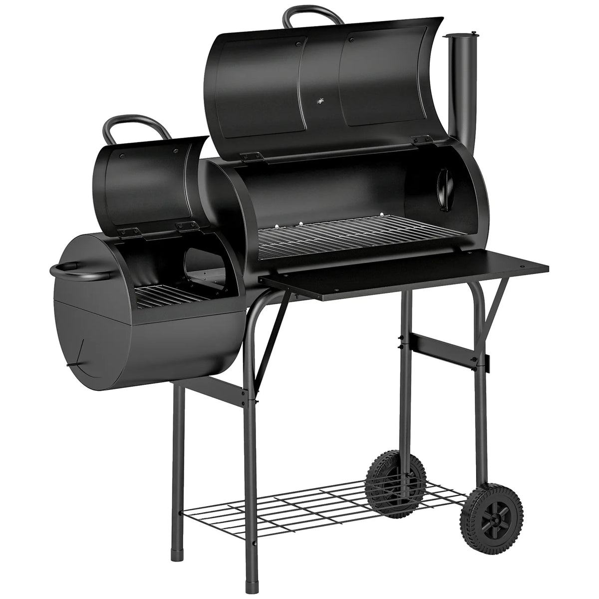 Outsunny Charcoal BBQ Grill with Offset Smoker, Thermometer Lid and Shelves – Garden Barbecue, Black