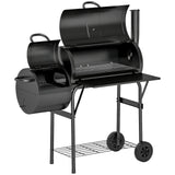 Outsunny Charcoal BBQ Grill with Offset Smoker, Thermometer Lid and Shelves – Garden Barbecue, Black