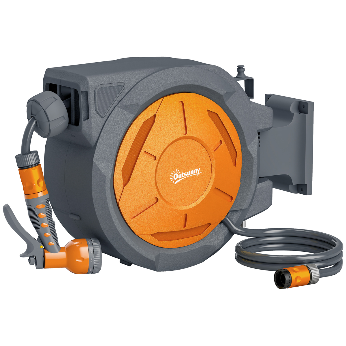 Outsunny 30m Retractable Garden Hose Reel with Lock, Wall Mounted – 7 Watering Patterns, Orange