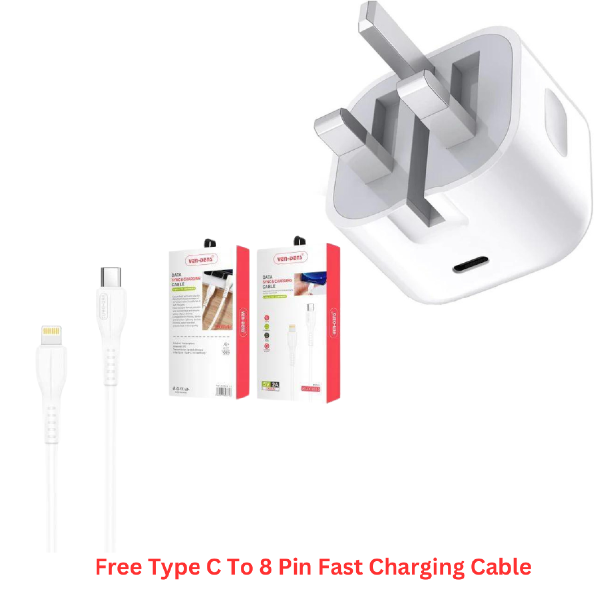 Ven-Dens 20W Dual Port USB-C PD Charger with Type-C to 8 Pin Cable – Fast Charging for Phones & Tablets