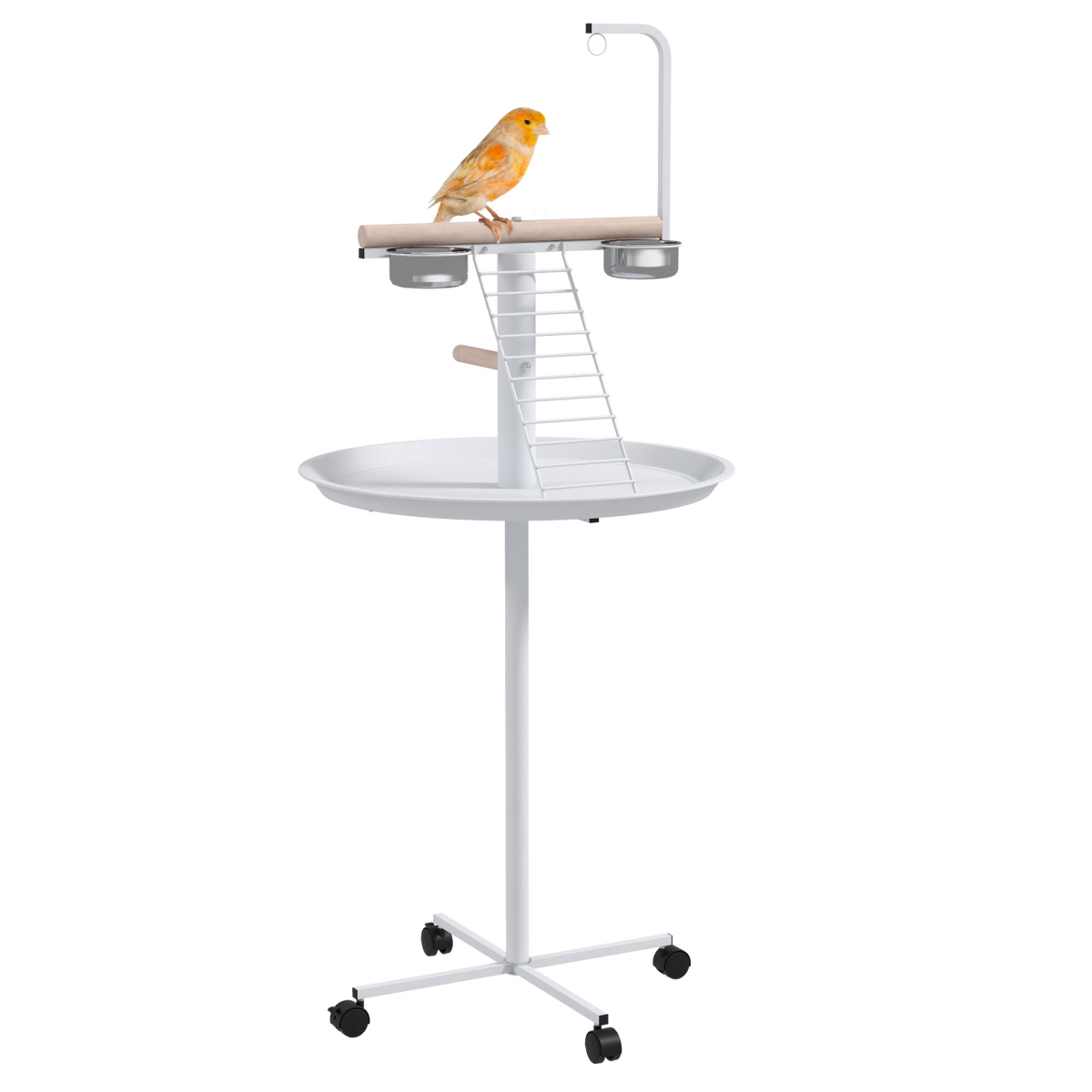PawHut Bird Table with Four Wheels, Perches and Stainless Steel Bowls – Small Parrot Stand, White