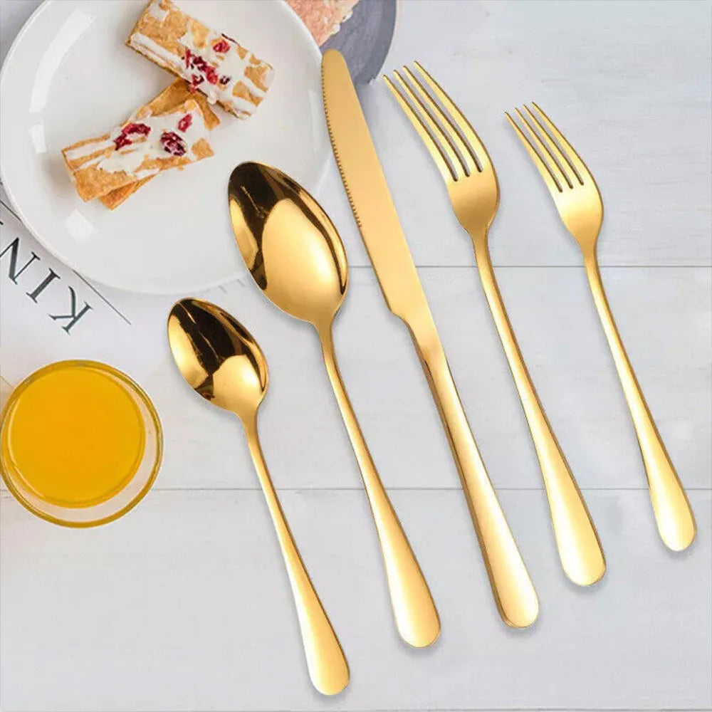 30 Piece Stainless Steel Cutlery Set for 6, Gold – Knives, Forks, Spoons, Teaspoons and Salad Forks