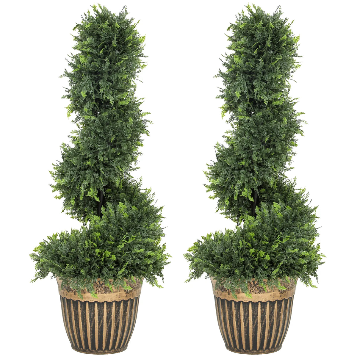 HOMCOM Set of 2 Artificial Plants, Topiary Spiral Boxwood Cypress Trees with Pot
