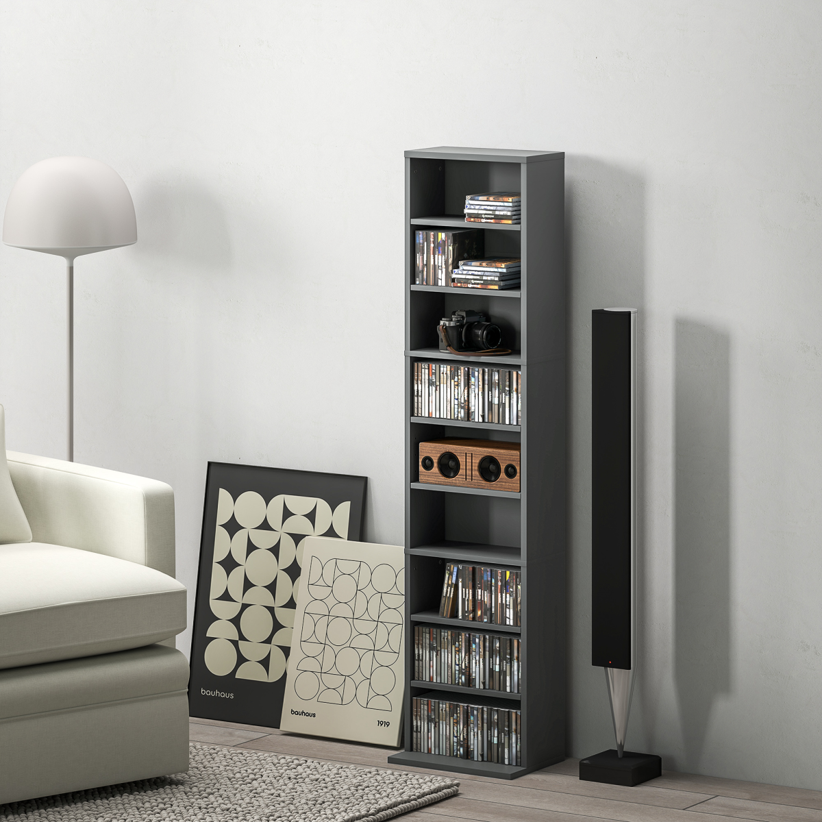 Tall Narrow Bookcase Storage Cabinet for 260 CDs / 120 DVDs – Slim Bookshelf with Anti-Tipping Straps, Grey