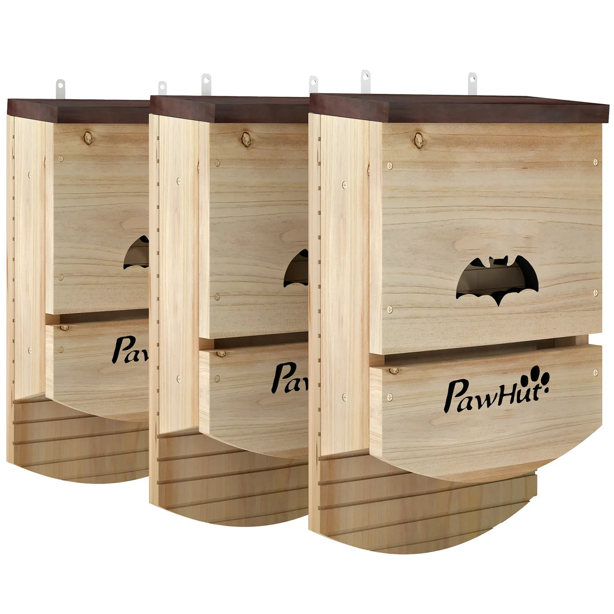 PawHut Bat Boxes, Pack of 3 Wooden Bat Houses with Hanging Hook – Garden Wildlife Roosts, Natural