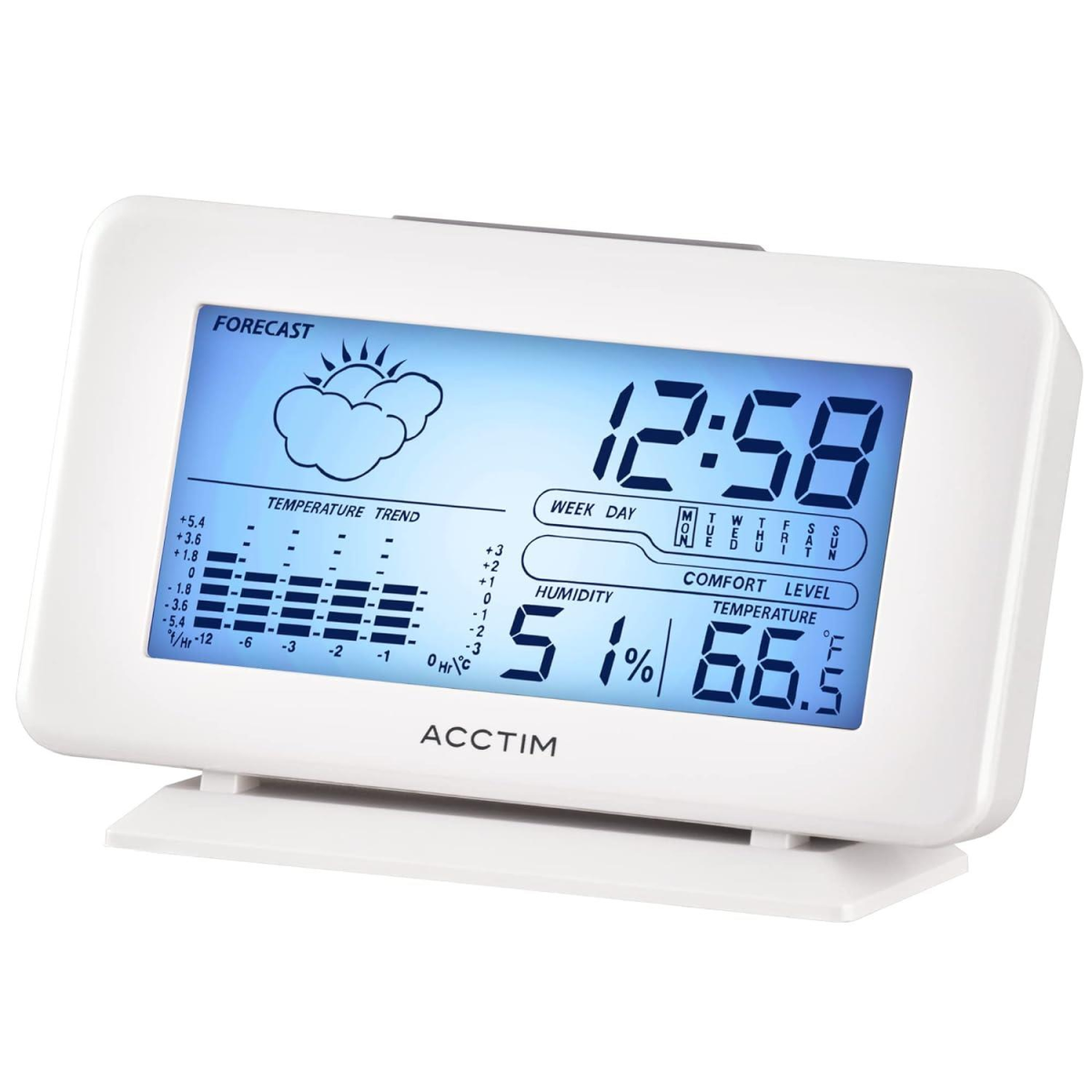 Acctim Vega Digital Weather Station with Alarm Clock & Weather Trend Indicator – Blue Backlit LCD, White