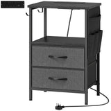 HOMCOM Slim Bedside Table with Charging Station – AC Outlets, USB-A & USB-C, Two Fabric Drawers, Black